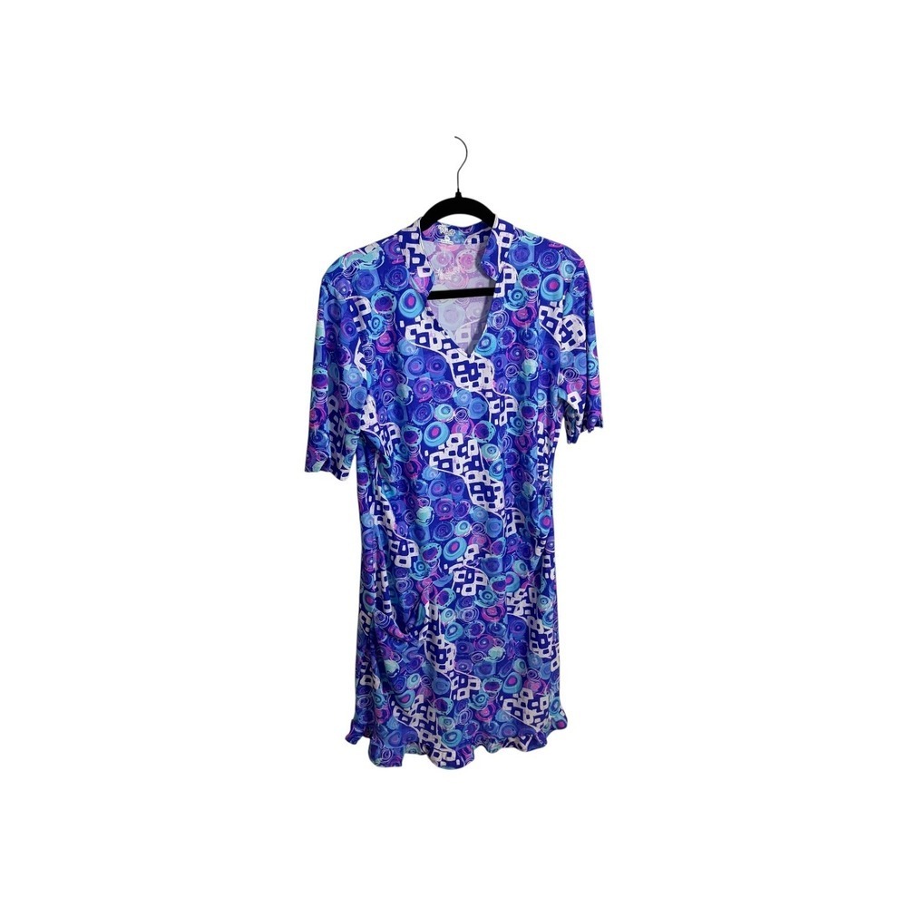 Tzu Tzu Golf Dress Size XL Blue Geometric Abstract Ruffle Hem Pocket